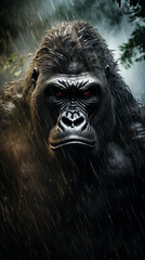 gorila  determinado na tempestade da floresta