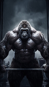 determinado gorila gigante levantando pesos na sala de gin&aacute;stica