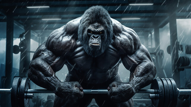 determinado gorila gigante levantando pesos na sala de gin&aacute;stica