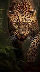 Leopardo determinado na tempestade da floresta