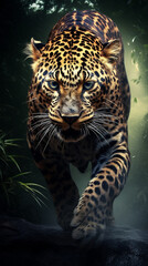 Leopardo determinado na tempestade da floresta - obrazy, fototapety, plakaty