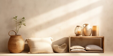 AI Generated. AI Generative. Hygge style house home room apartment design decoration wood table wall with plant and vase. Vacation scandinavian relax vibe. Graphic Art