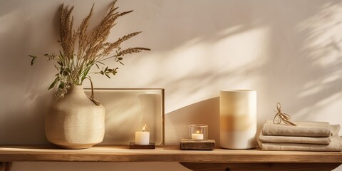 AI Generated. AI Generative. Hygge style house home room apartment design decoration wood table wall with plant and vase. Vacation scandinavian relax vibe. Graphic Art