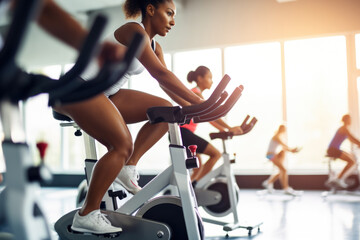 Group fitness class , featuring participants engaged in an energetic workout, such as spinning,...