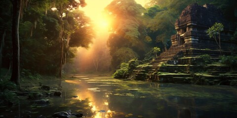 Obraz na płótnie Canvas ancient and overgrown mayan temple ruins in the jungle, lost place in the amazon rainforest, fictional landscape created with generative ai