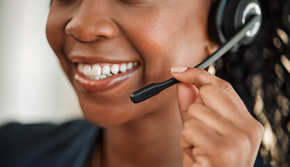 Call center, mic or mouth of happy woman in communication or speaking to help at crm or customer service. Closeup of smile, contact us or sales agent consulting at telemarketing of technical support - obrazy, fototapety, plakaty