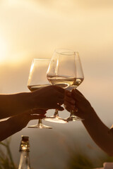 People enjoy party, drinking wine together at summer sunset. Friends relax outdoor lifestyle activity on travel vacation.