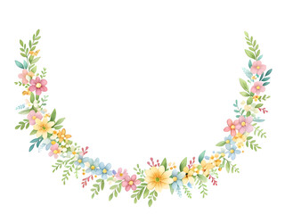 Obraz premium Round Frame made of watercolor wildflowers and leaves on transparent background,generative