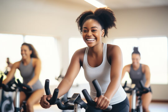 Group fitness class , featuring participants engaged in an energetic workout, such as spinning, aerobics, set against a bright, gym studio background