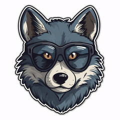 Sticker, portrait of a tough looking wolf wearing goggles, glasses. Generative AI.