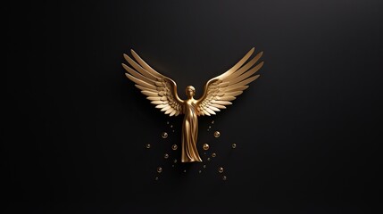 Plakat A top view of a minimalistic golden angel figurine against a dark background. Blank space for text. Christmas card, backgrounds graphic. Generative AI. 