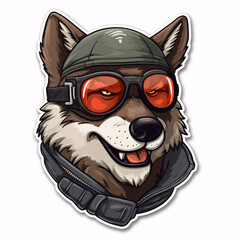 Sticker, portrait of a tough looking wolf wearing pilot goggles, glasses. Generative AI.