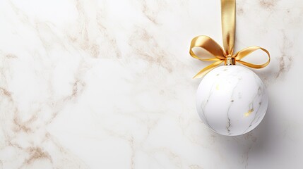 Fototapeta na wymiar A top view of a golden Christmas ornament hanging from a white ribbon on a marble background, providing an elegant and timeless space for highlighting your text. Christmas card. Generative AI. 