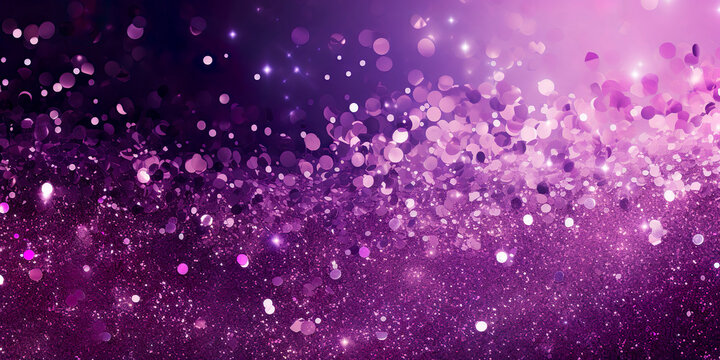 Abstract festive glitter background with sparkles, purple sparkling particles, color gradient, wavy lines, bokeh.