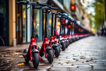 Electric urban transportation. Electric scooters waiting at the curb ready to be rented and driven away. Several red e-scooters stand in a row for rent. - obrazy, fototapety, plakaty