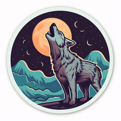 Wolf howling at the moon, cartoon sticker. Vivid, contrasting colors, bold linework. Generative AI.