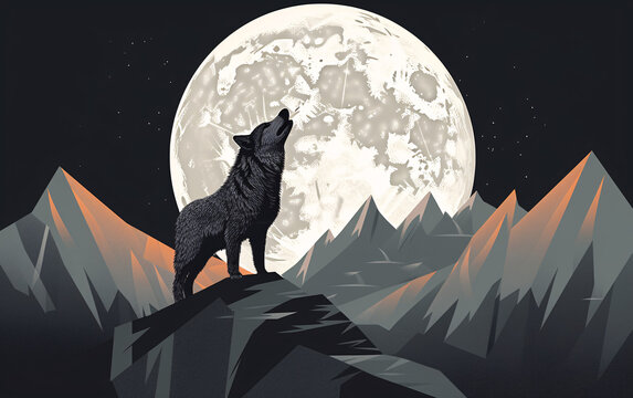 Fierce wolf howling at the moon, sunrise, sunset, with mountains and landscape in the background. Monochromatic. Digital illustration, painting, drawing, art, poster, picture. Generative AI.