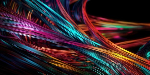 Colorful Abstract Close-up of Fiber Cables on a Black Background