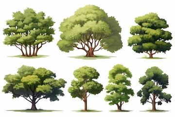 Collection of Big Green Trees Isolated on White Background. Generative ai