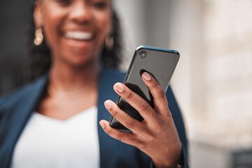 Smartphone in hand, woman scroll social media and chat online, communication and technology. Internet connection, search and text message, email with closeup, female person and mobile app outdoor