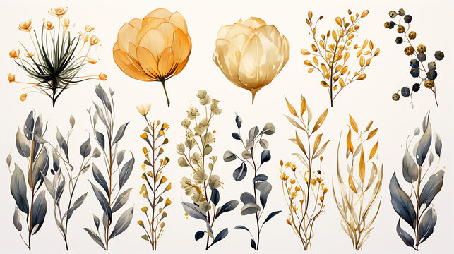 Coleção de elementos de moldura de casamento de ouro botânico de luxo. Conjunto de círculo, brilhos, galhos de folhas, flores