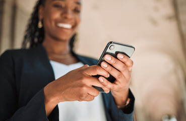 Smartphone, hands and woman typing, scroll social media and chat online, communication and technology. Internet connection, text message or email with closeup, female person and mobile app outdoor