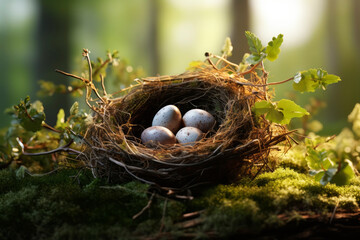 Naklejka na ściany i meble Bird's nest with eggs in the forest. Generative AI
