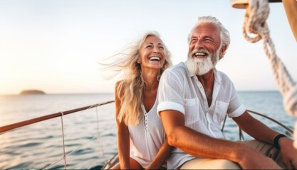 Fototapeta na wymiar A cheerful Caucasian senior couple sailing on a boat, enjoying a relaxing summer vacation on the sea