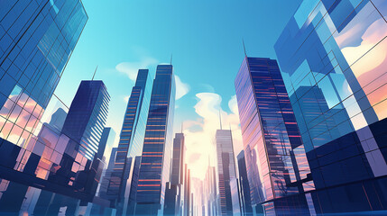 Fototapeta na wymiar Edifícios de escritórios de negócios de arranha-céus reflexivos. Vista de baixo para cima da grande paisagem urbana da cidade moderna