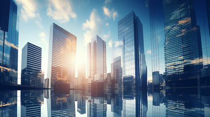 Edifícios de escritórios de negócios de arranha-céus reflexivos. Vista de baixo para cima da grande paisagem urbana da cidade moderna