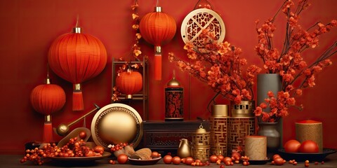 AI Generated. AI Generative. Chinese New Year winter holiday festival. Traditional decoration background relax red colors vibe. Graphic Art