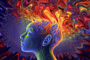 Human head with colorful waves coming out from a brain, dopamine boost, surreal style