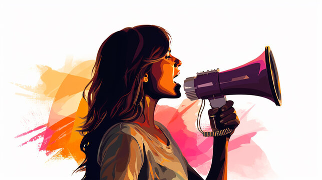 
jovem mulher falando em vetor de megafone no fundo branco