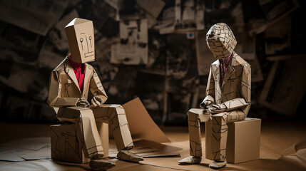 Duas figuras de papelão com desenhos de uma pessoa triste em depressão com uma psicóloga - obrazy, fototapety, plakaty