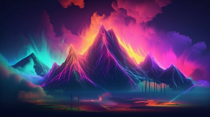 Electric mystique: A neon light pierces through the clouds over majestic mountains Generative AI