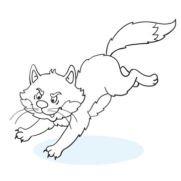Funny cat runs after prey. Black and white picture for coloring book. In cartoon style. Isolated on white background. Vector illustration.