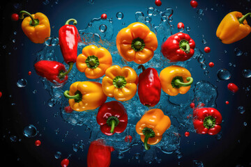 Fototapeta na wymiar Bell Peppers and drops: Colorful Peppers Amidst Bubbly Splash on Dark Blue-Black Canvas. Generative AI