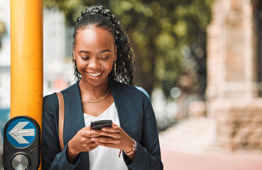 Happy black woman, phone and city in travel, social media or communication in Cape Town. African female person with smile for chatting, texting or networking on mobile smartphone app by traffic light