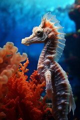 Closeup view of a seahorse in the coral reef