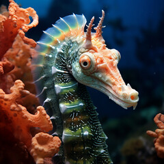Closeup view of a seahorse in the coral reef - obrazy, fototapety, plakaty