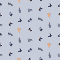 Seamless pattern with sprigs with leaves, spruce branches and mistletoe, on a light gray background, vector children's digital illustration.