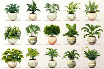 Collection of Beautiful Plants in Ceramic Pots Isolated Set. Generative ai