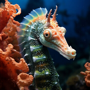 Closeup view of a seahorse in the coral reef