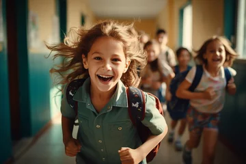 Fototapeten cheerful children run along the corridors of the school. back to school generative ai. © robertuzhbt89