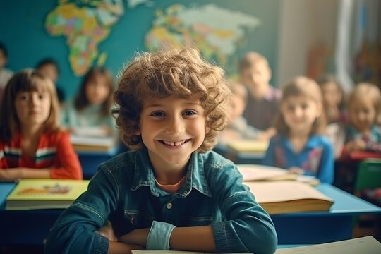 children are sitting at desks in the classroom at school. back to school generative ai.