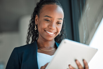 Happy, lawyer and black woman with tablet in office for legal research, web app and online social...