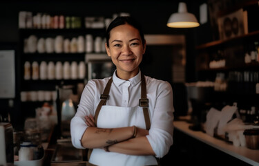Obraz premium A smiling Asian female small business owner confidently stands behind the counter of her stylish cafe.