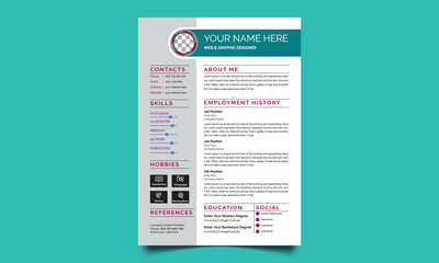 Professional CV resume template design. Business layout vector clean for job applications. In A4 size.