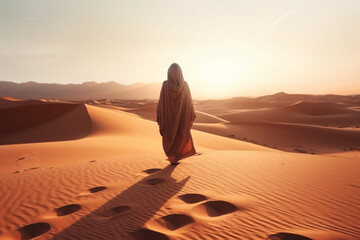 Fototapeta na wymiar Woman in black walking in the hot desert of Qatar