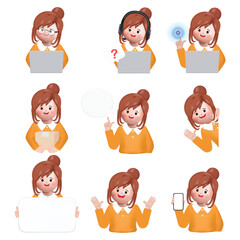 Set of businesswoman work with job character. Online learning, student, shopping online,Call center, customer support, telemarketing agents. 3d render cartoon vector design.